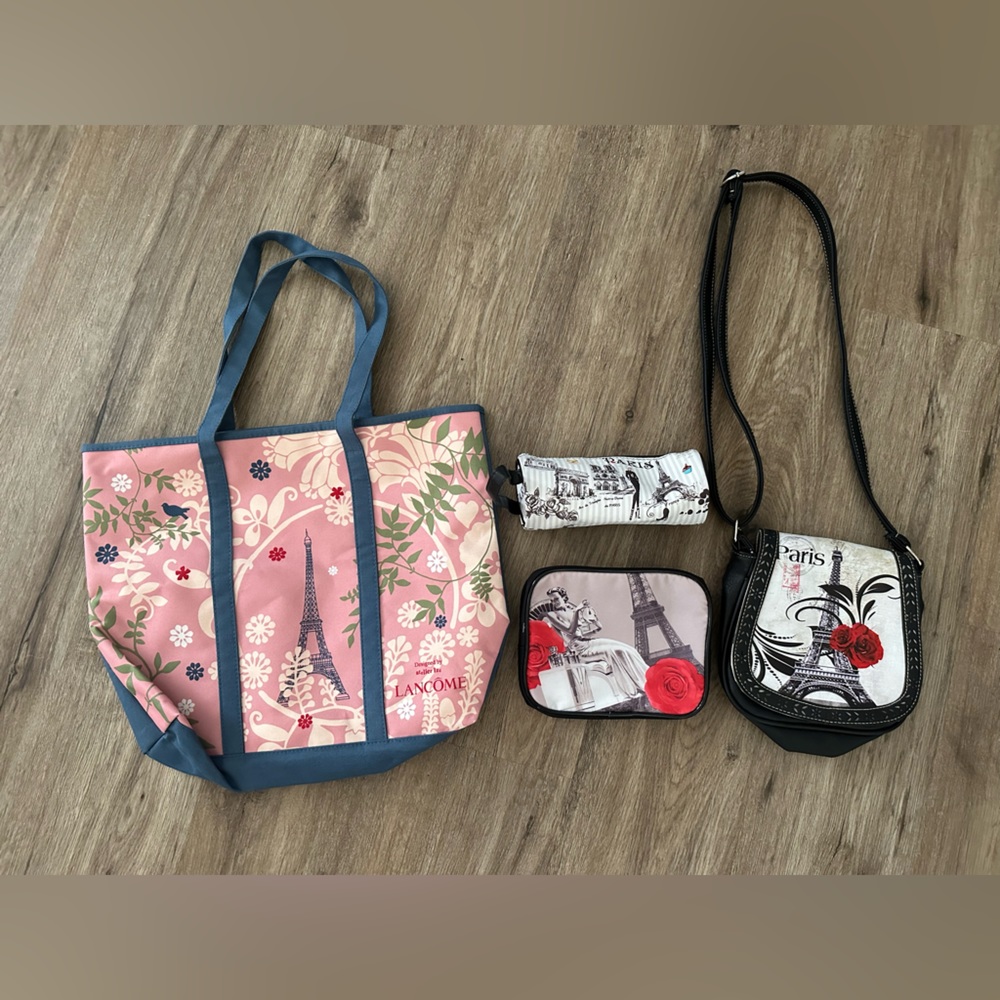 LOT OF 4 PARIS BAGS LANCÔME TOTE CROSSBODY MAKEUP BAG & MINi ALL GREAT Condition